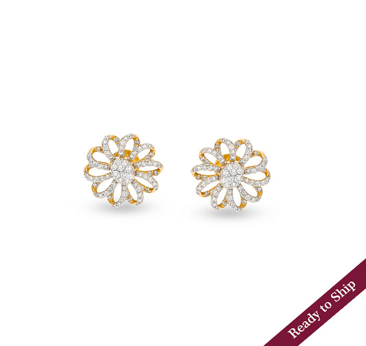 Ligulate Flower Shape Round Natural Diamond With Prong Set Yellow Gold Stud Earrings