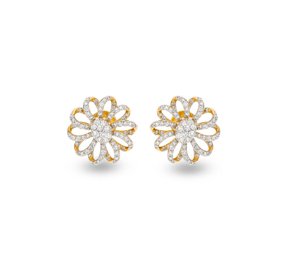 Ligulate Flower Shape Round Natural Diamond With Prong Set Yellow Gold Stud Earrings