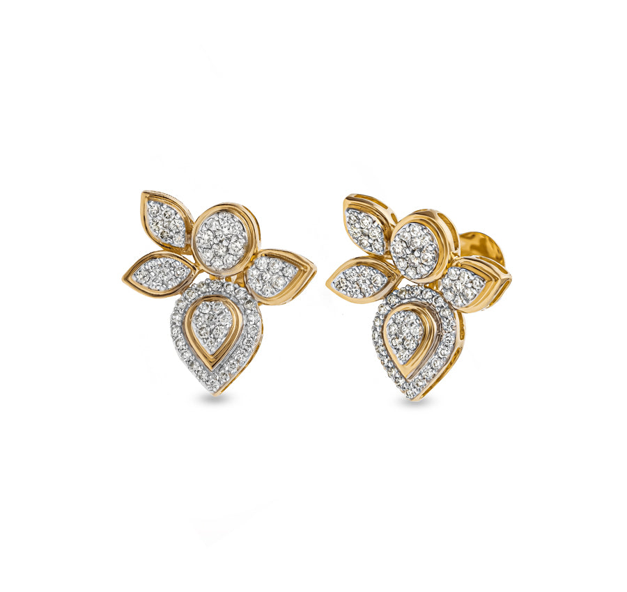 Leaf Shape Round Natural Diamond With Pave Set Yellow Gold Stud Earrings