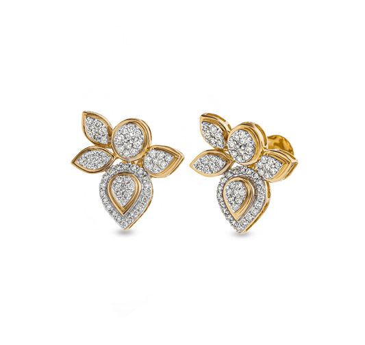 Leaf Shape Round Natural Diamond With Pave Set Yellow Gold Stud Earrings