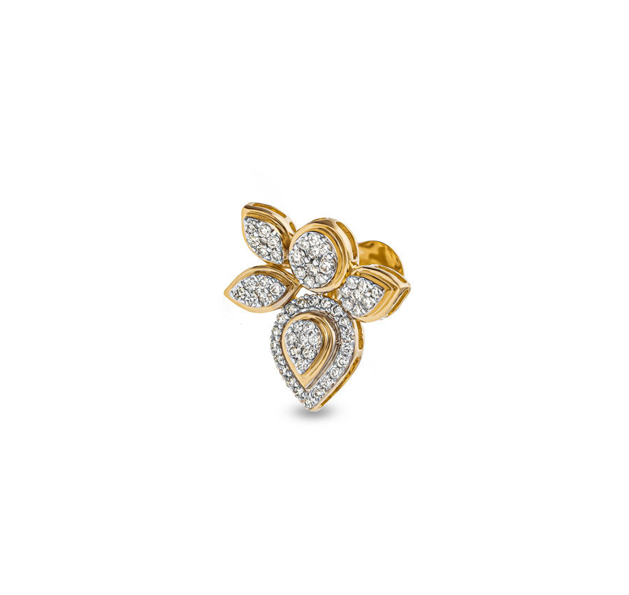 Leaf Shape Round Natural Diamond With Pave Set Yellow Gold Stud Earrings