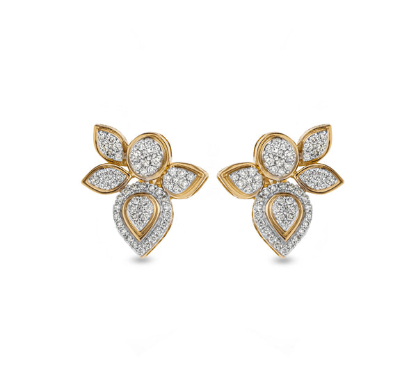 Leaf Shape Round Natural Diamond With Pave Set Yellow Gold Stud Earrings