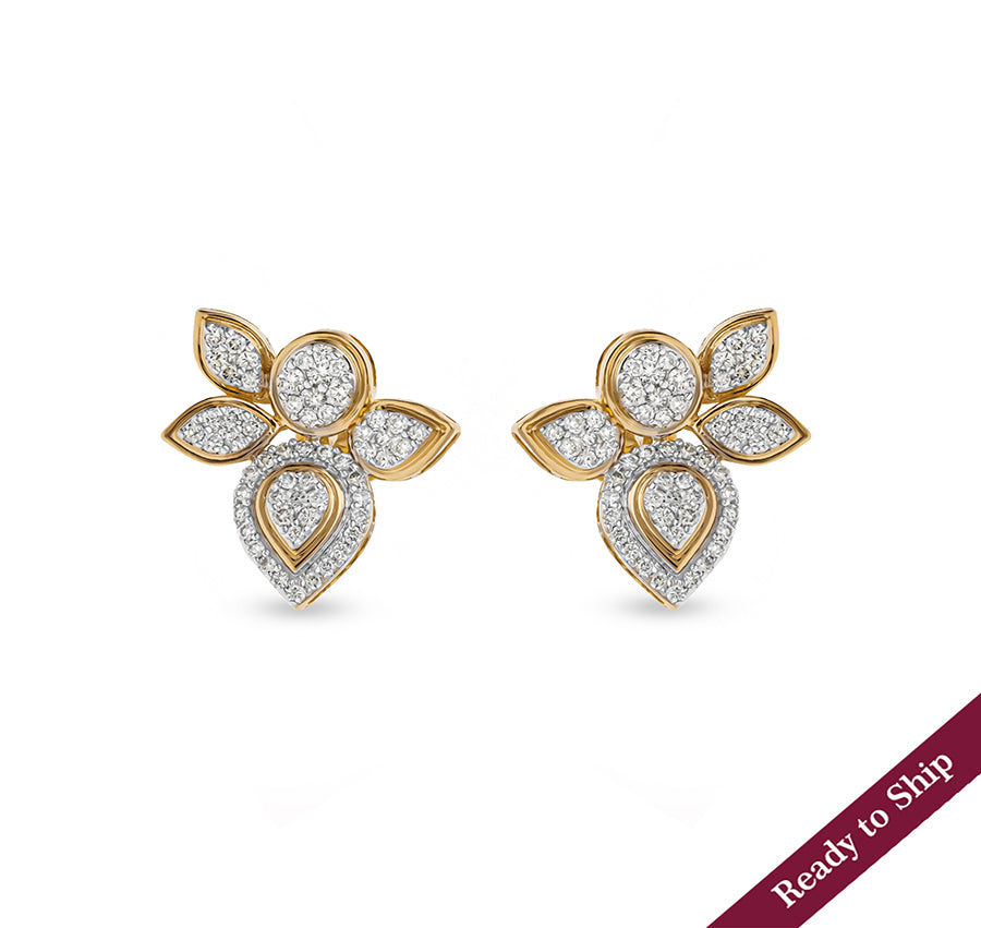 Leaf Shape Round Natural Diamond With Pave Set Yellow Gold Stud Earrings