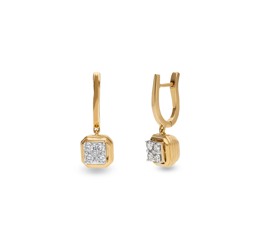 Round Natural Diamond With Prong Set Yellow Gold Dangle Earrings