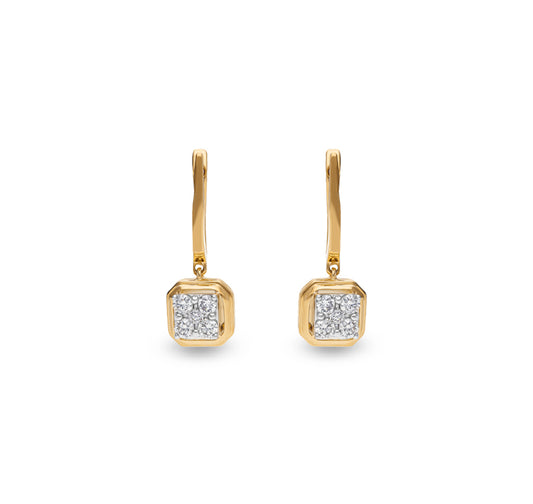 Round Natural Diamond With Prong Set Yellow Gold Dangle Earrings