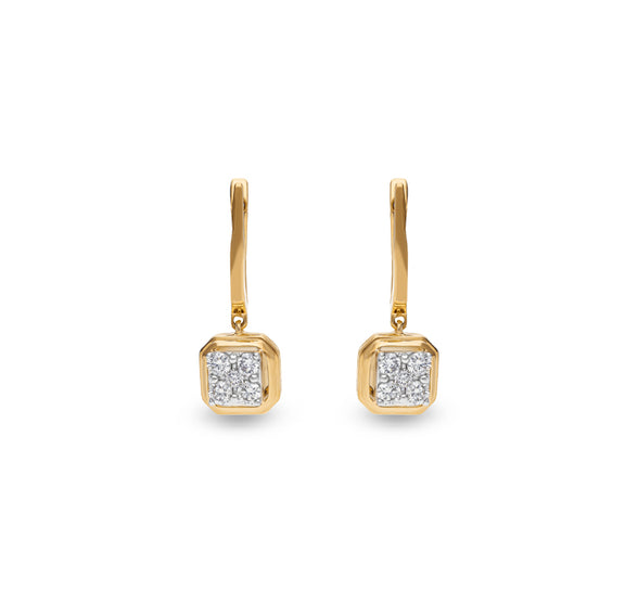 Round Natural Diamond With Prong Set Yellow Gold Dangle Earrings