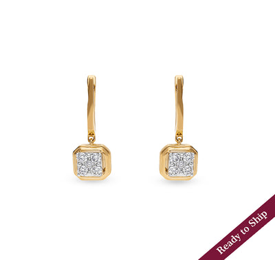 Round Natural Diamond With Prong Set Yellow Gold Dangle Earrings