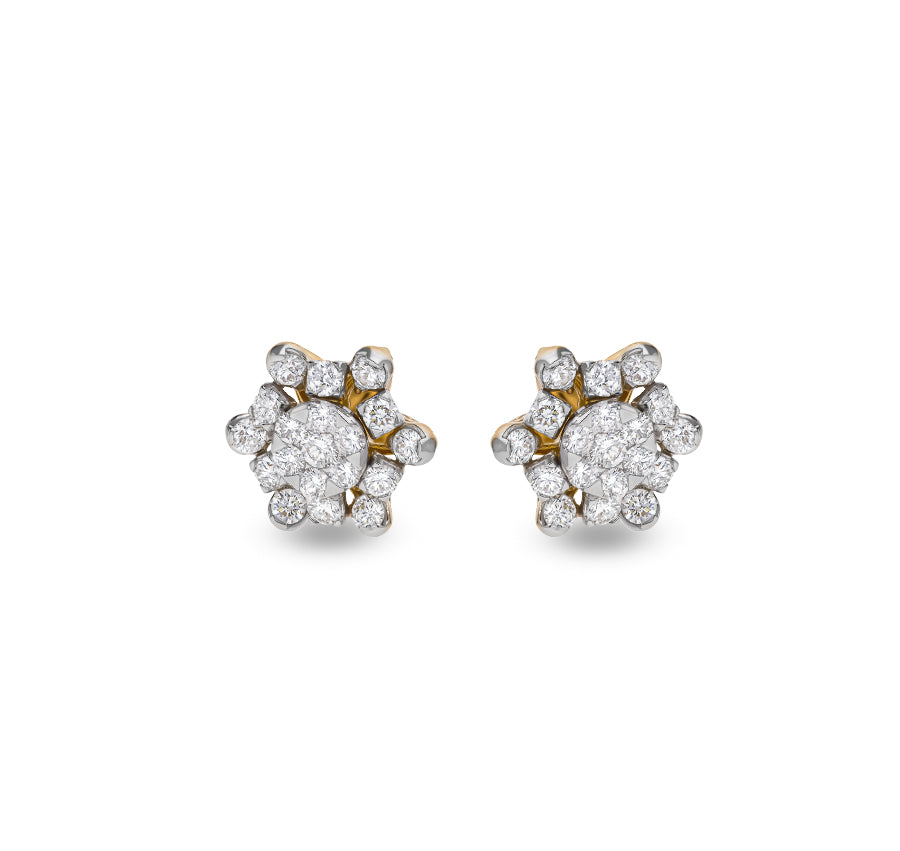 Bulbous Floral Round Natural Diamond Center Pressure Set Yellow Gold Stud Earrings