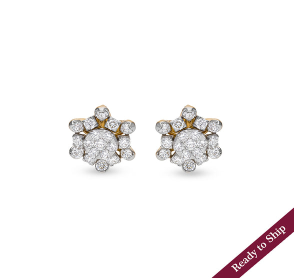 Bulbous Floral Round Natural Diamond Center Pressure Set Yellow Gold Stud Earrings