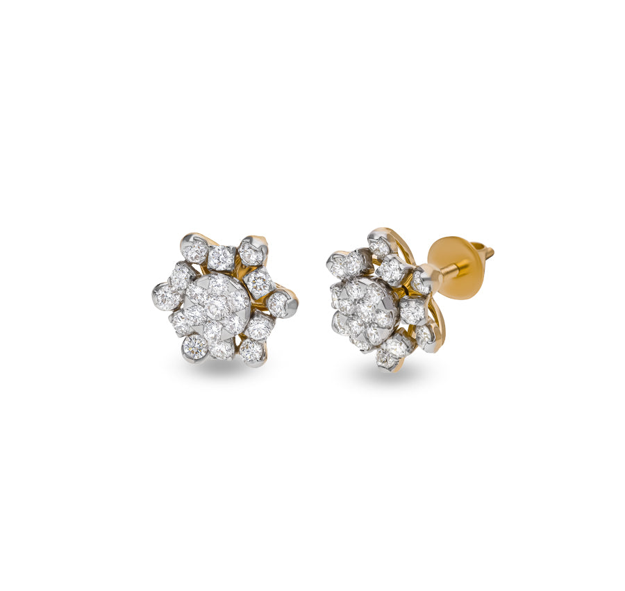 Bulbous Floral Round Natural Diamond Center Pressure Set Yellow Gold Stud Earrings
