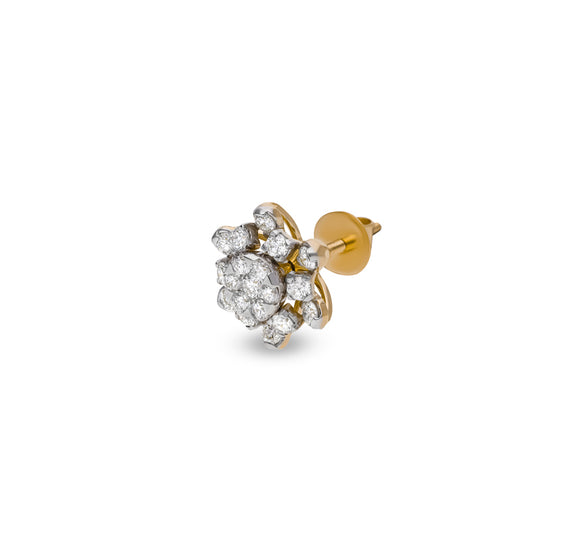 Bulbous Floral Round Natural Diamond Center Pressure Set Yellow Gold Stud Earrings