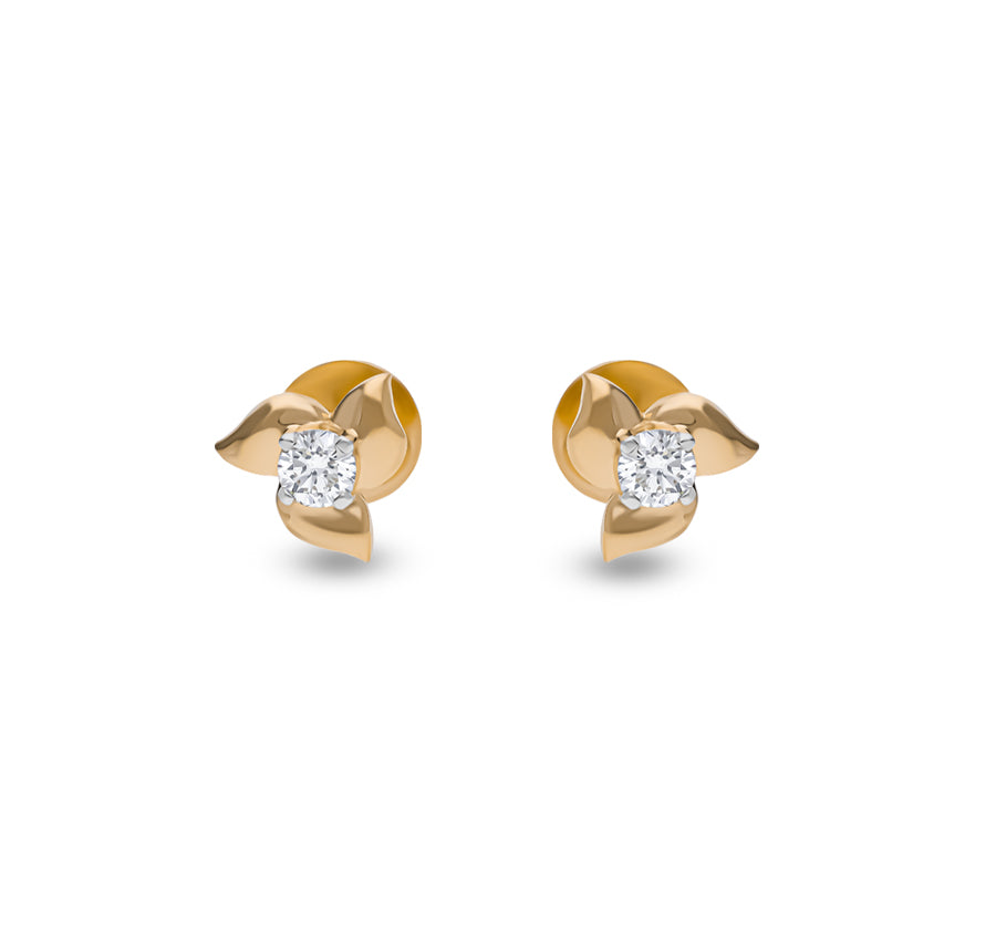 Spinner Shape Round Natural Diamond With Prong Set Yellow Gold Stud Earrings