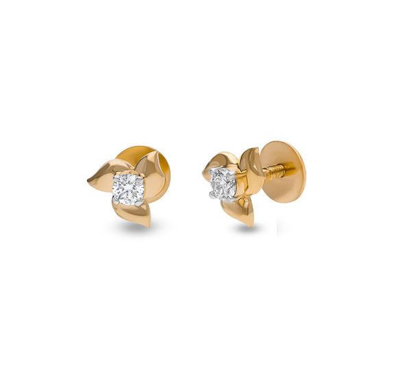 Spinner Shape Round Natural Diamond With Prong Set Yellow Gold Stud Earrings