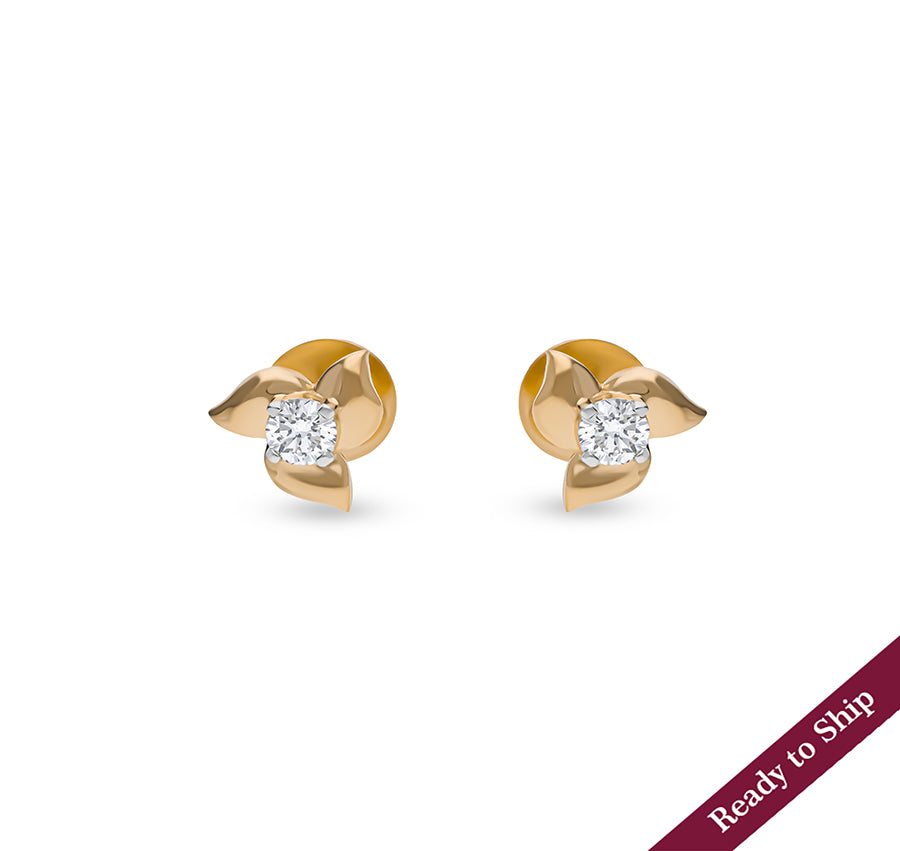 Spinner Shape Round Natural Diamond With Prong Set Yellow Gold Stud Earrings
