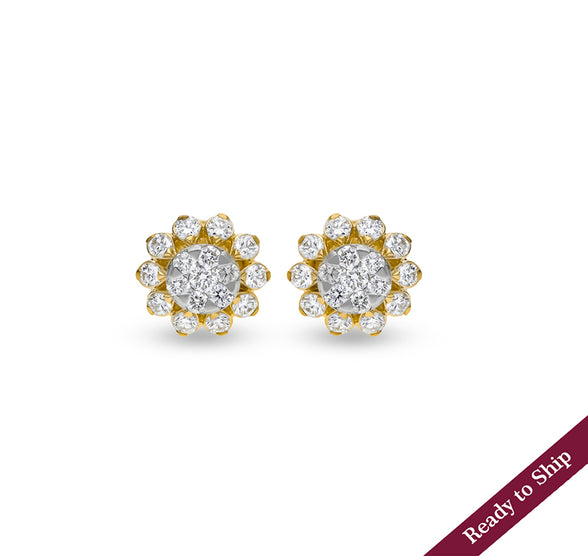 Drip Floral  Round Diamond Yellow Gold Minimalist Stud Earrings