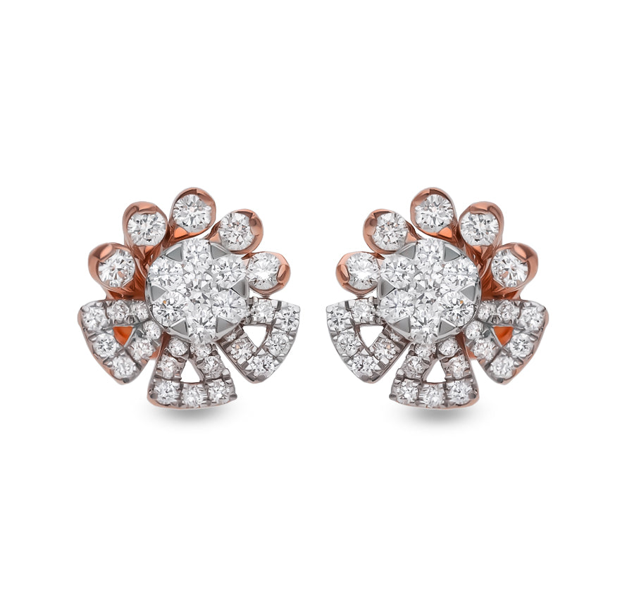 Floral Shape Round Natural Diamond Rose Gold Stud Earrings