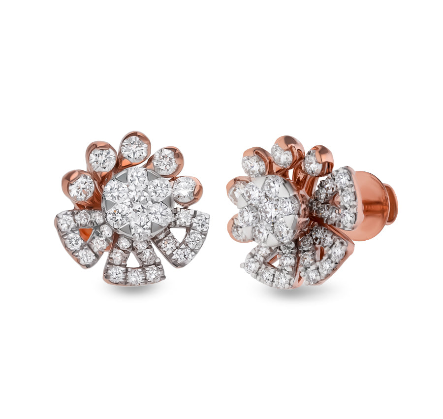 Floral Shape Round Natural Diamond Rose Gold Stud Earrings