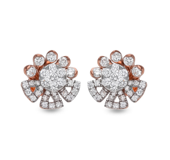 Floral Shape Round Natural Diamond Rose Gold Stud Earrings