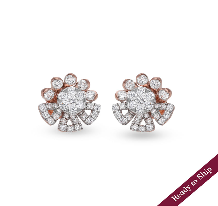 Floral Shape Round Natural Diamond Rose Gold Stud Earrings