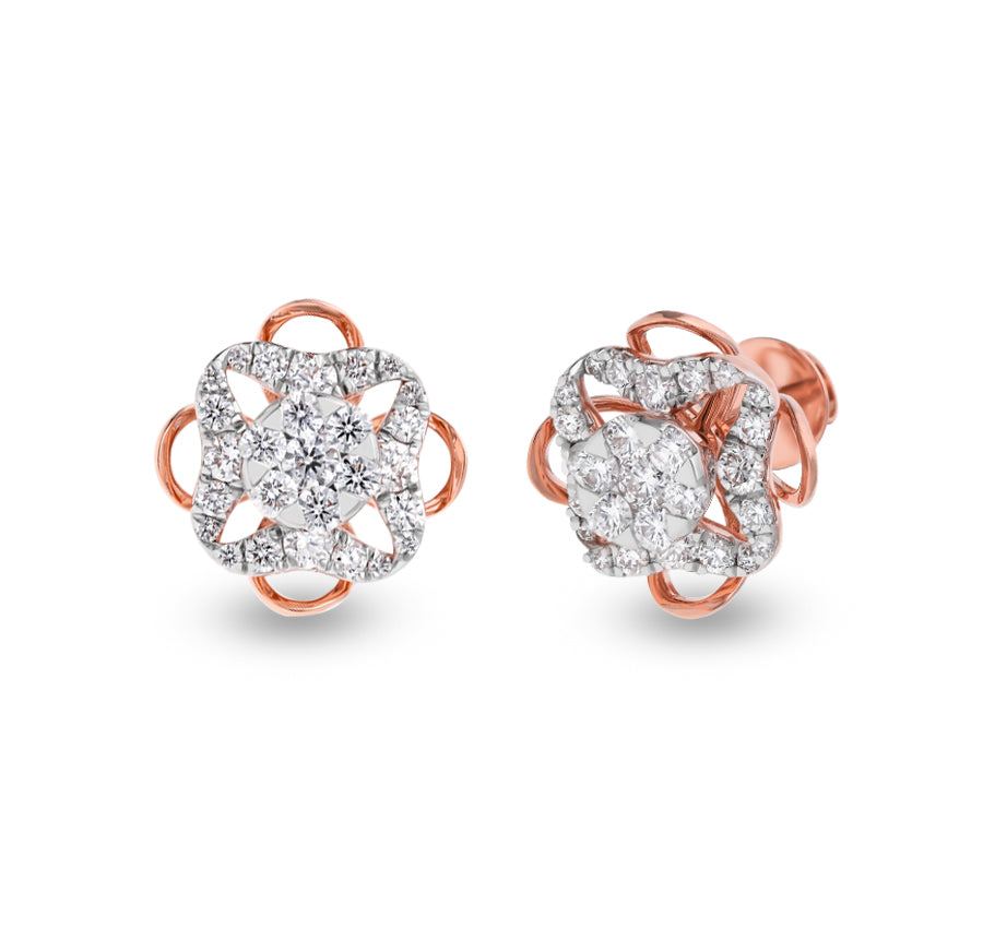 Cuboid Floweret Twinkle Round Diamond With Prong Set Rose Gold Stud Earrings