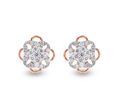 Cuboid Floweret Twinkle Round Diamond With Prong Set Rose Gold Stud Earrings