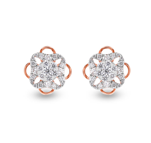Cuboid Floweret Twinkle Round Diamond With Prong Set Rose Gold Stud Earrings