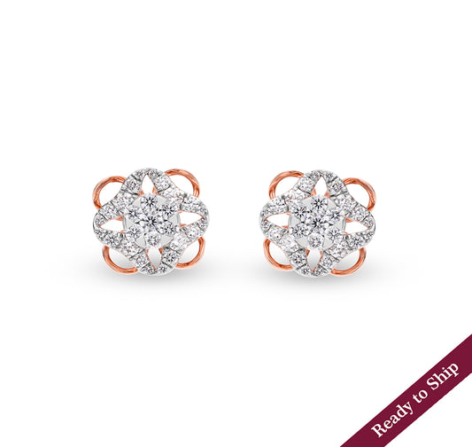 Cuboid Floweret Twinkle Round Diamond With Prong Set Rose Gold Stud Earrings