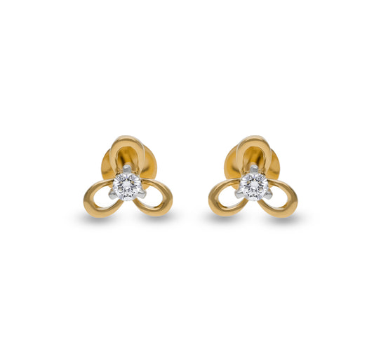Triple Leaf Floral Yellow Gold Diamond Stud Earrings