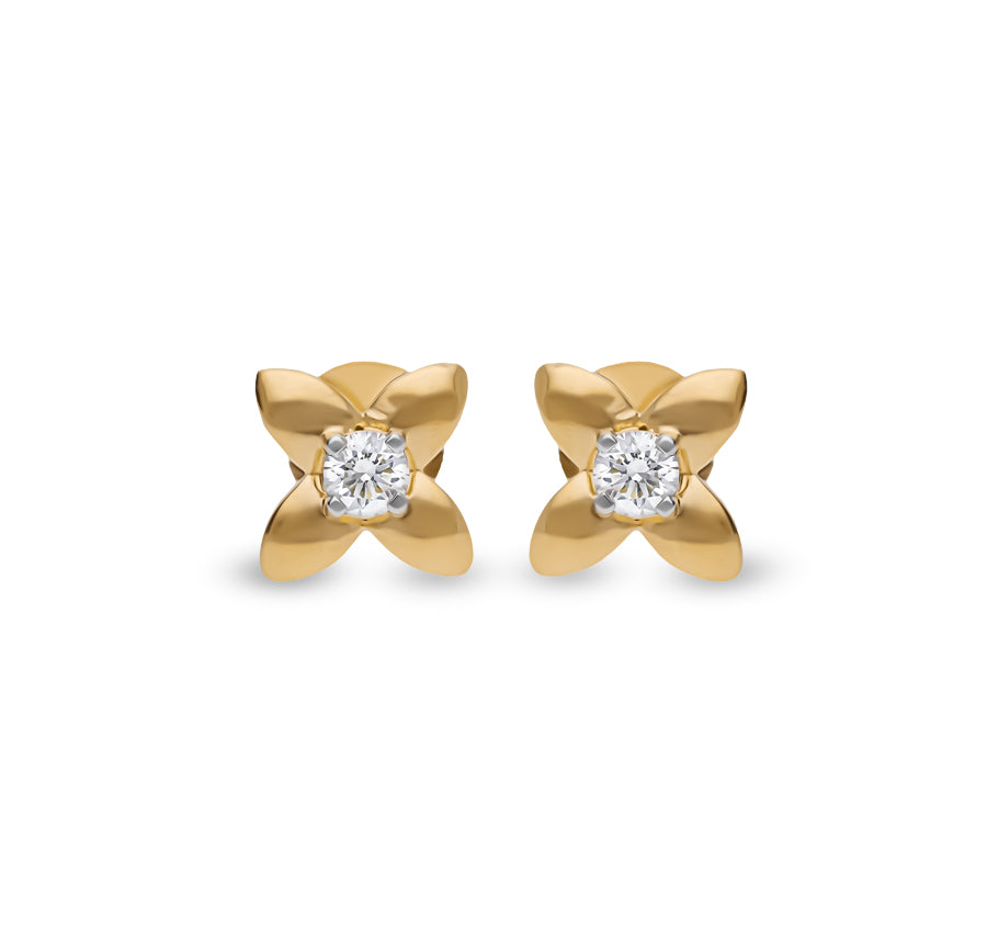 Floral Solitaire Enchanting Yellow Gold Diamond Stud Earrings