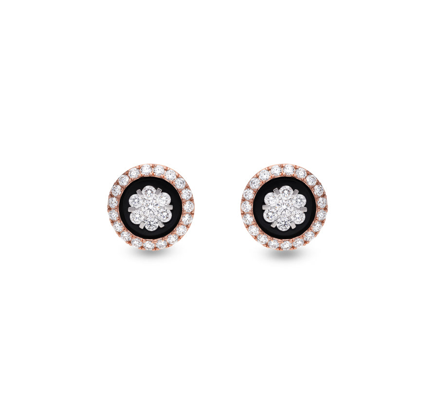 Round Shape Black Gemstone and Natural Diamond Rose Gold Halo Stud Earrings