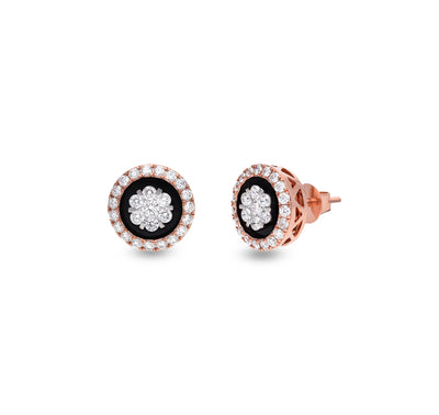 Round Shape Black Gemstone and Natural Diamond Rose Gold Halo Stud Earrings