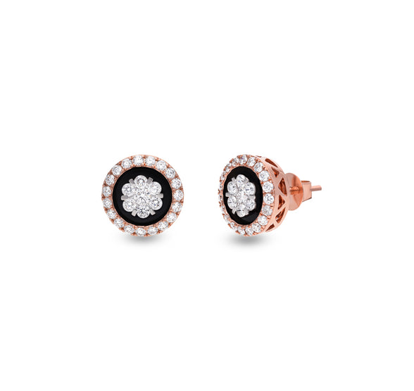 Round Shape Black Gemstone and Natural Diamond Rose Gold Halo Stud Earrings