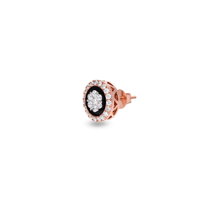 Round Shape Black Gemstone and Natural Diamond Rose Gold Halo Stud Earrings