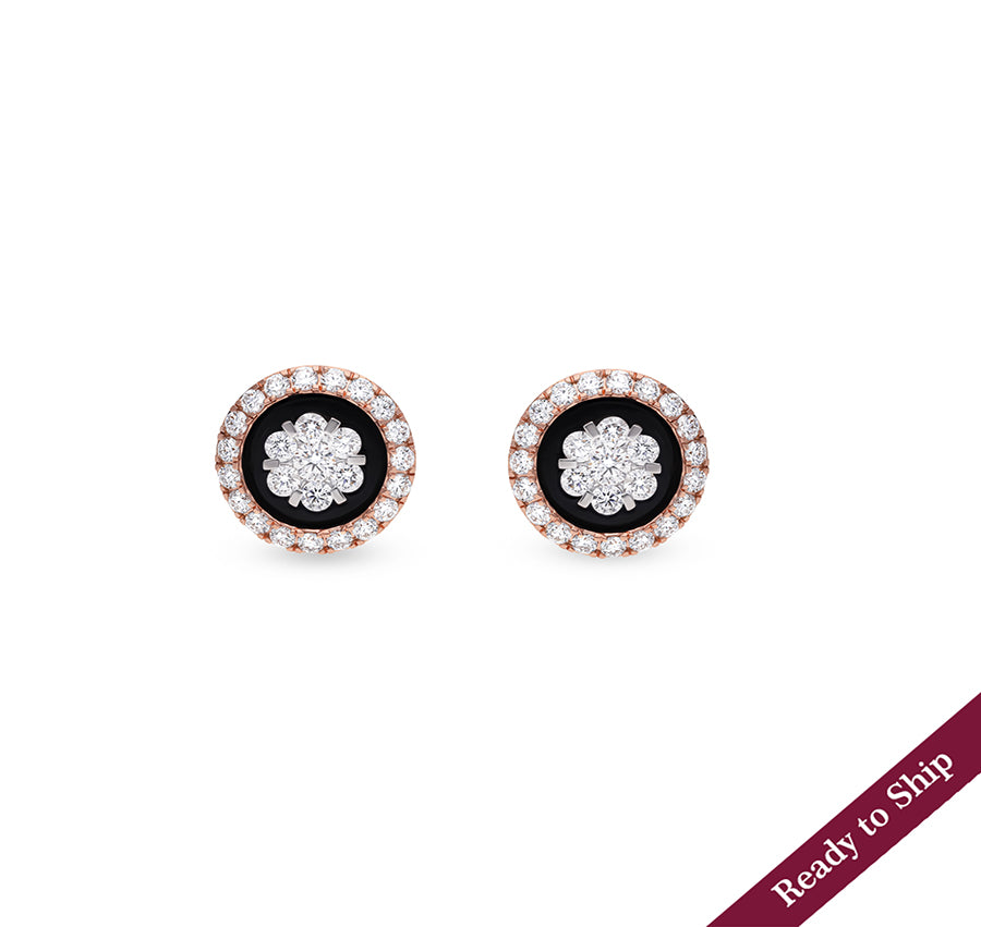 Round Shape Black Gemstone and Natural Diamond Rose Gold Halo Stud Earrings