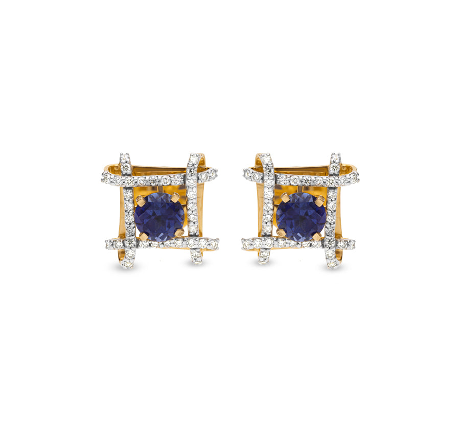 Square Shape Synthetic Blue Stone Yellow Gold Stud Earrings