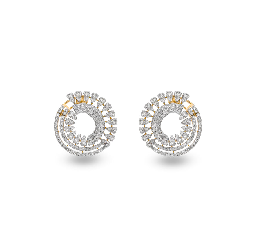 Floral Shaped Round Diamond With Prong Set Yellow Gold Stud Earrings