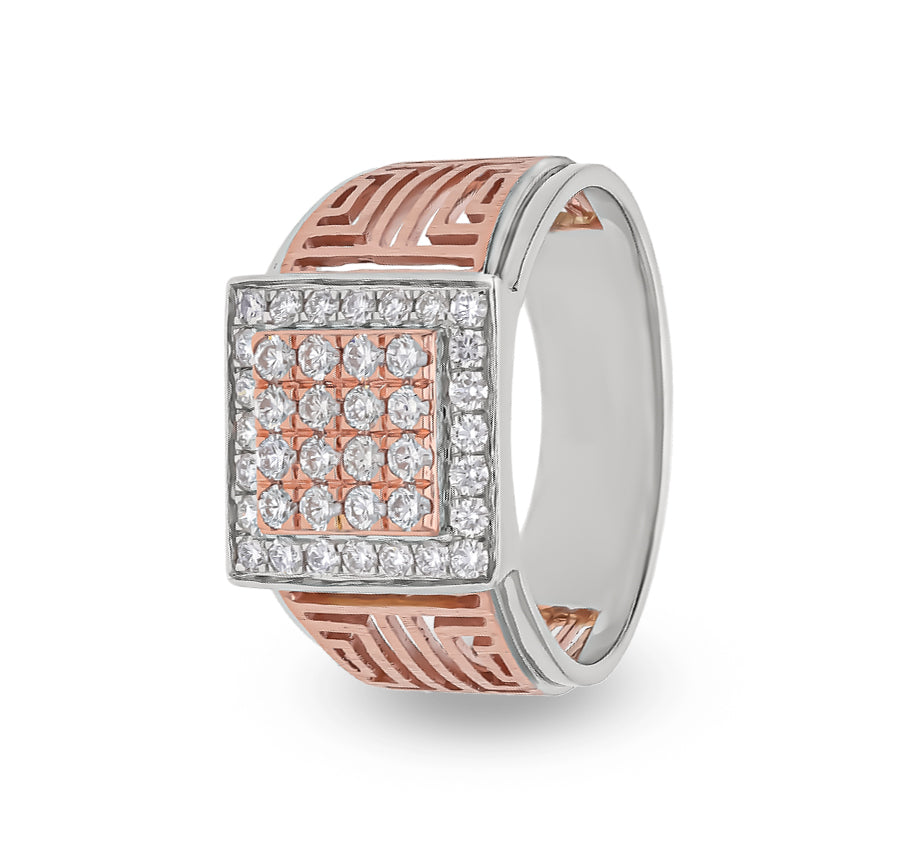 Square Shape Round Cut Diamond With Channel and Prong Set Dual Tone Men Ring