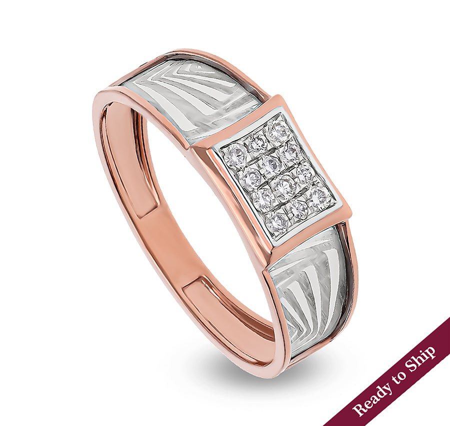 Rectangle Shape Round Natural Diamond With Pave Set Dual Tone Men Ring