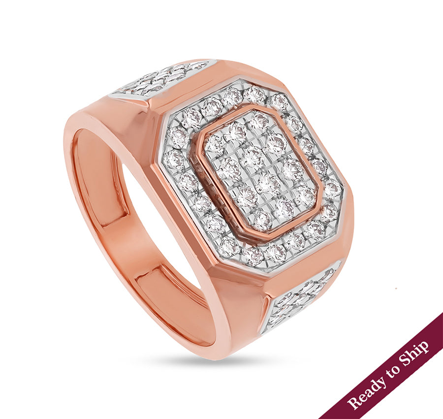 Octagon Shape Round Natural Diamond With Pave Set Rose Gold Men Ring