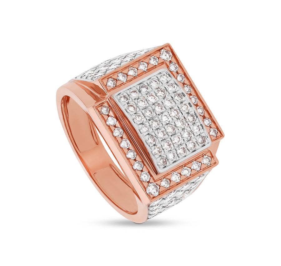 Rectangle Shape Round Natural Diamond With Pave Set Rose Gold Men Ring