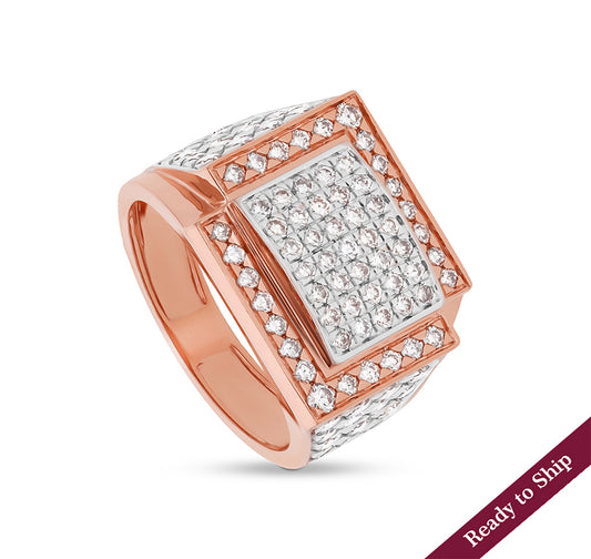 Rectangle Shape Round Natural Diamond With Pave Set Rose Gold Men Ring