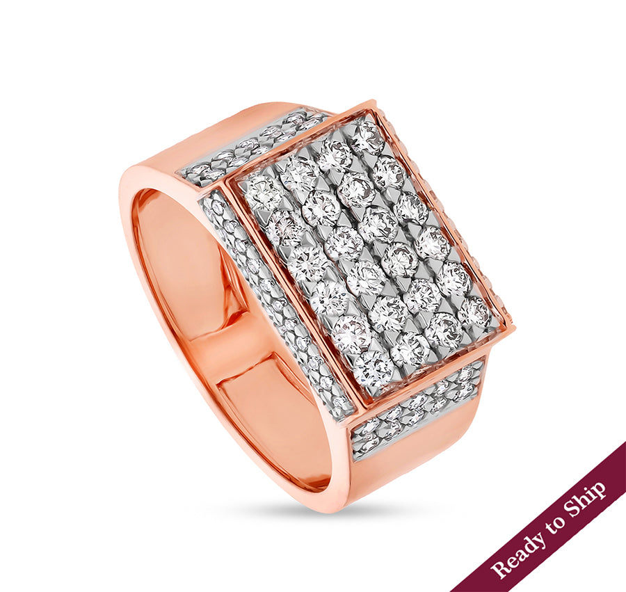 Rectangle Shape Round Natural Diamond With Pave Setting Rose Gold Men Ring