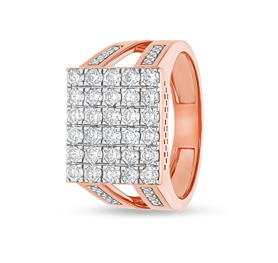 Rectangle Shape Round Natural Diamond With Pave and Prong Set Rose Gold Men Ring