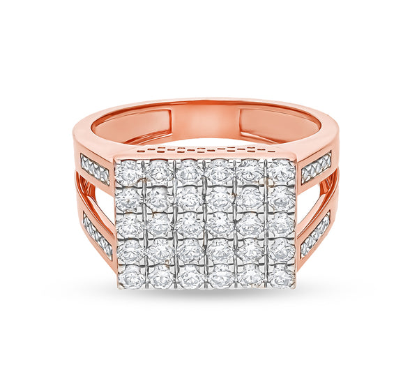Rectangle Shape Round Natural Diamond With Pave and Prong Set Rose Gold Men Ring