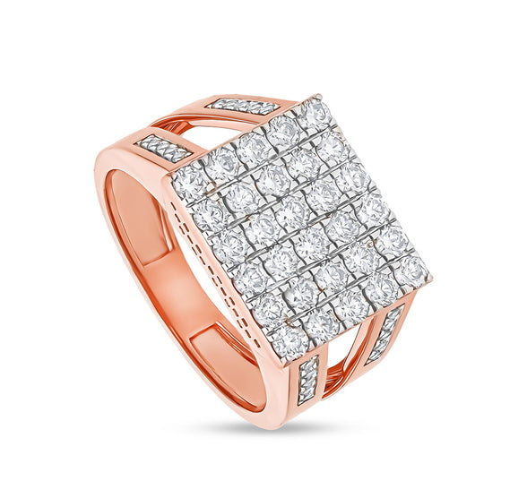 Rectangle Shape Round Natural Diamond With Pave and Prong Set Rose Gold Men Ring