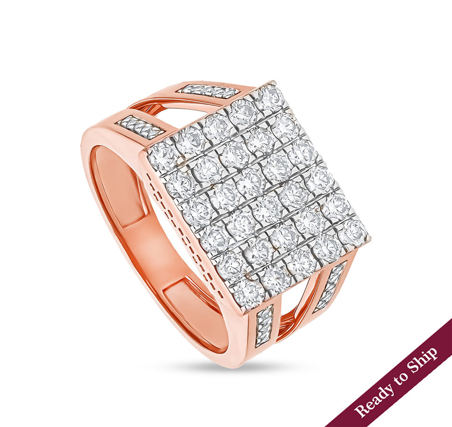 Rectangle Shape Round Natural Diamond With Pave and Prong Set Rose Gold Men Ring