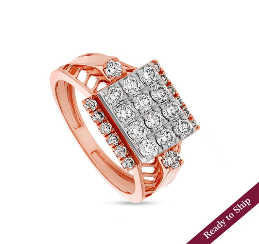 Rectangle Shape Round Natural Diamond With Prong Set Rose Gold  Men Ring