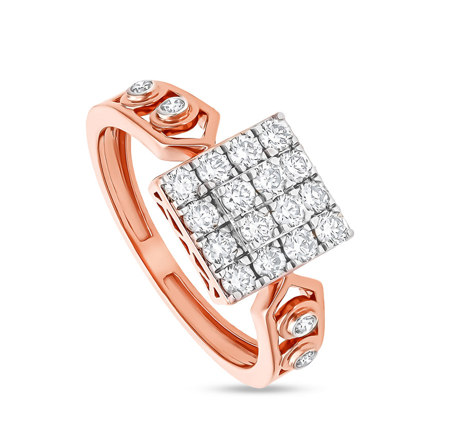 Square Shape Round Natural Diamond With Bezel and Prong Set Rose Gold Men Ring