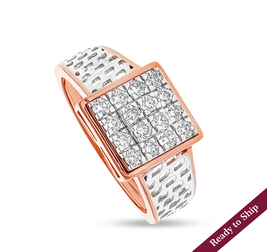 Square Shape Round Natural Diamond With Prong Set Dual Tone Men Ring