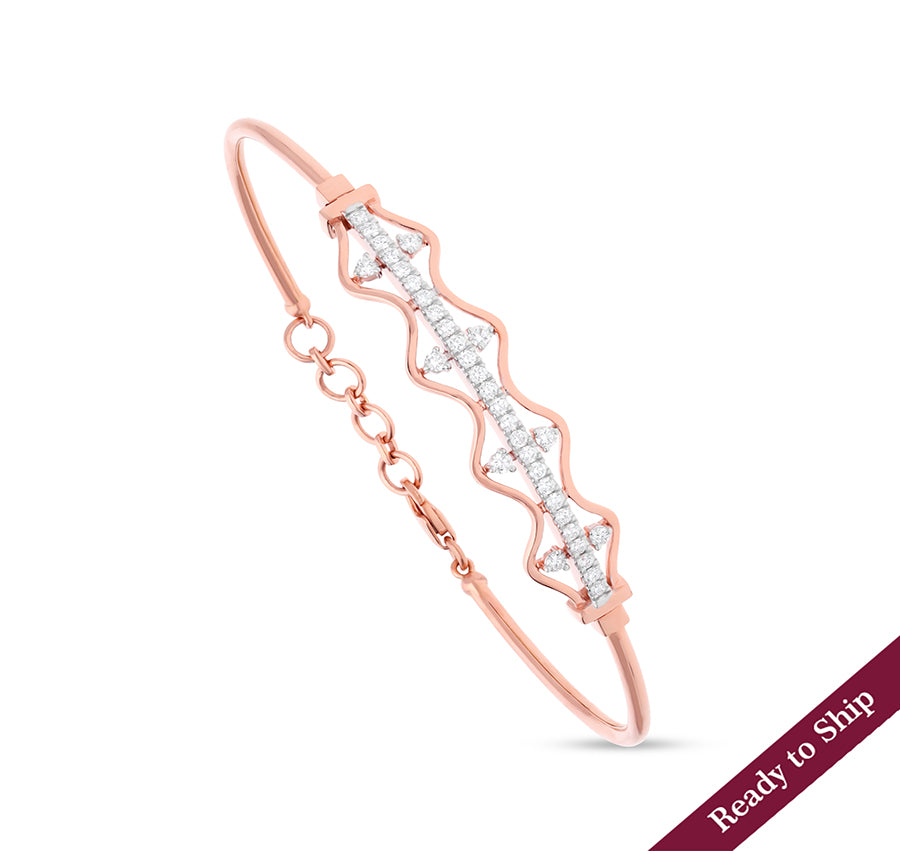 Wave Shape Round Natural Diamond Rose Gold Lobster Claw Clasp Bracelet